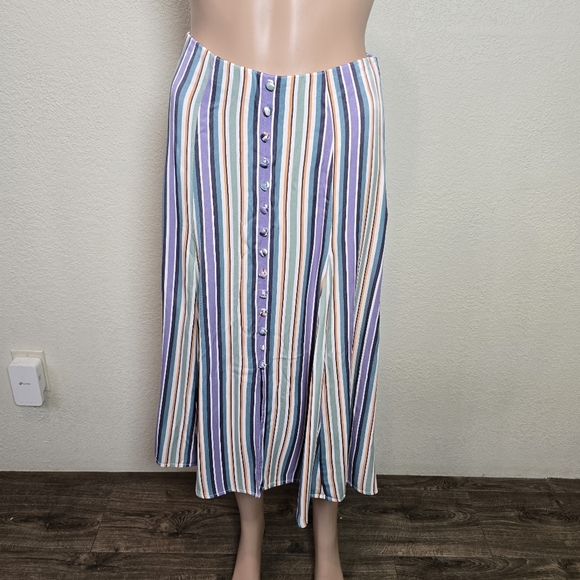 Maeve By Anthropologie Freya Striped Button Front Satin Midi Skirt In Multi US 2 - Picture 7 of 13
